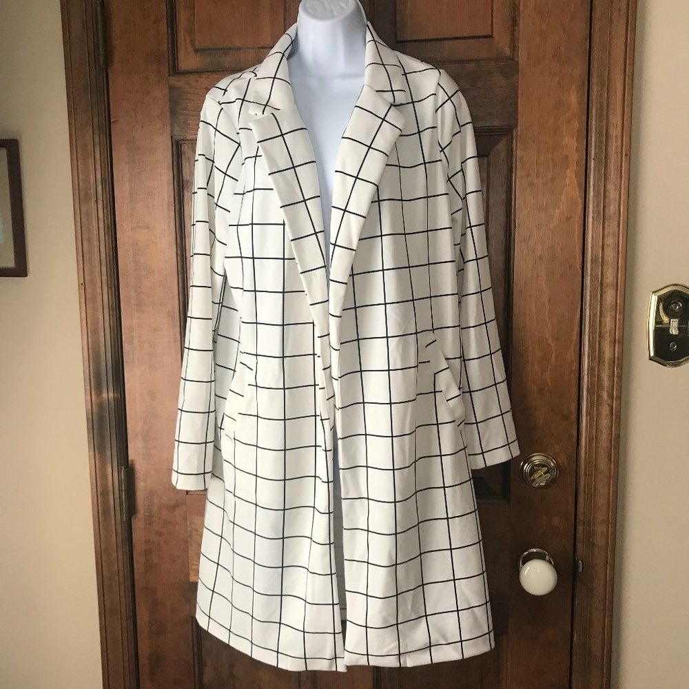 NWT Melloday White & Navy Blue Windowpane Open Coat Large